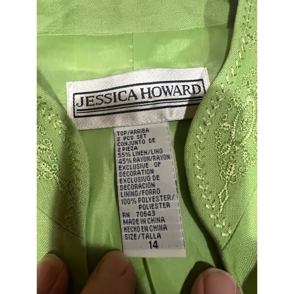 Jessica Howard Green Linen 2 Piece Dress Long Skirt Embroidered Top Women's 14 - Picture 6 of 7